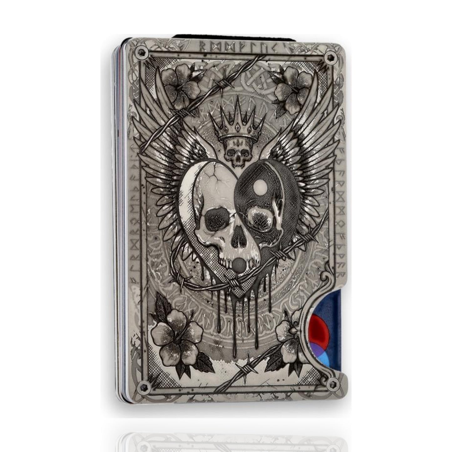 Moxxley MX-406 metal credit card holder – tattoo engraving, slim stainless steel wallet, front