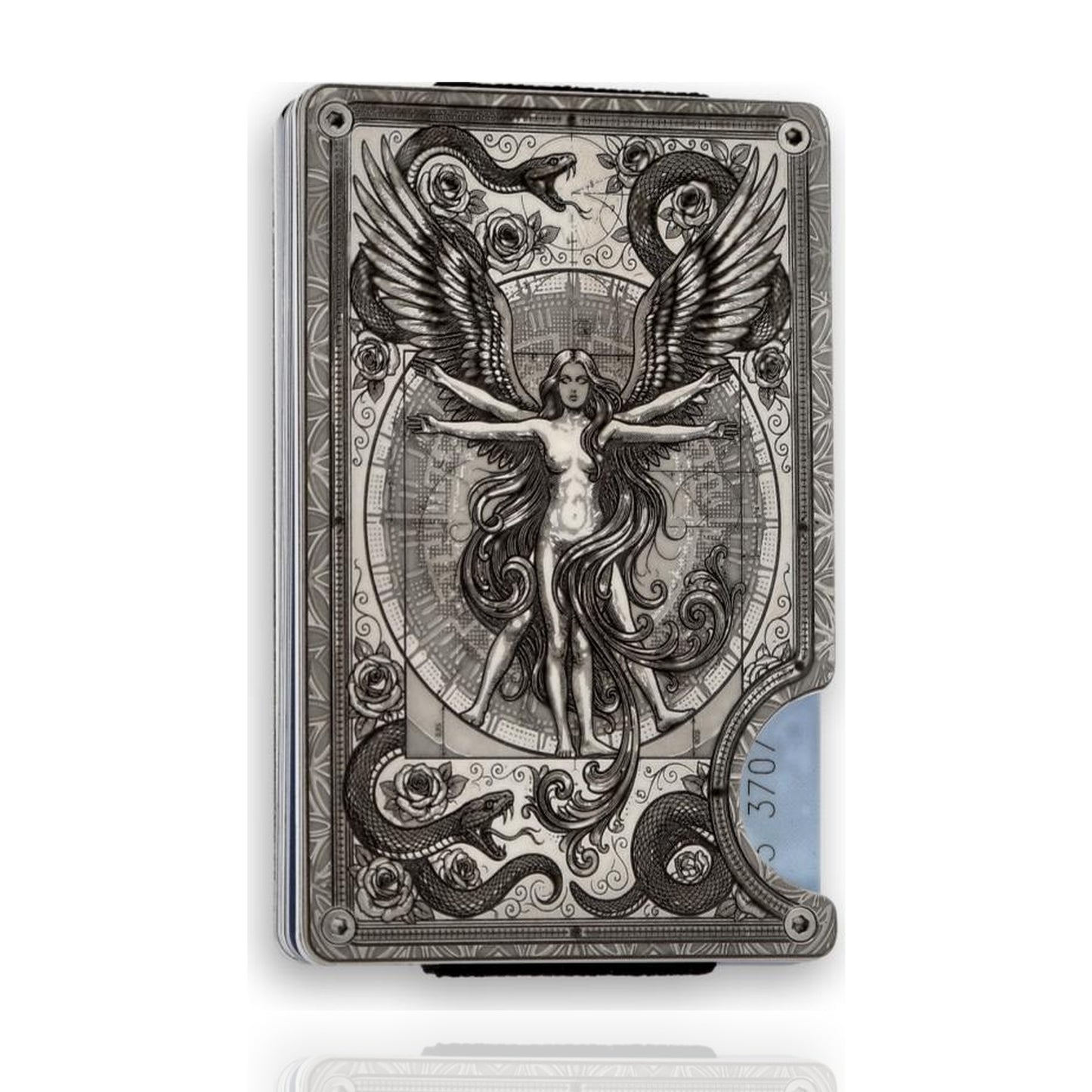 Moxxley MX-408 metal credit card holder – tattoo engraving, slim stainless steel wallet, front