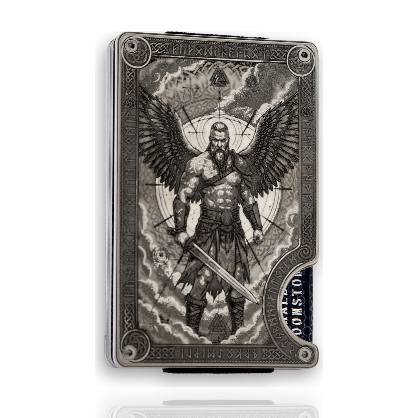 Moxxley MX-413 metal credit card holder – tattoo engraving, slim stainless steel wallet, front