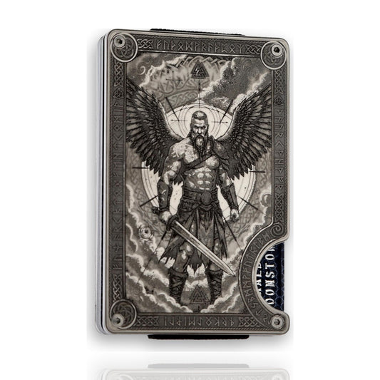 Moxxley MX-413 metal credit card holder – tattoo engraving, slim stainless steel wallet, front