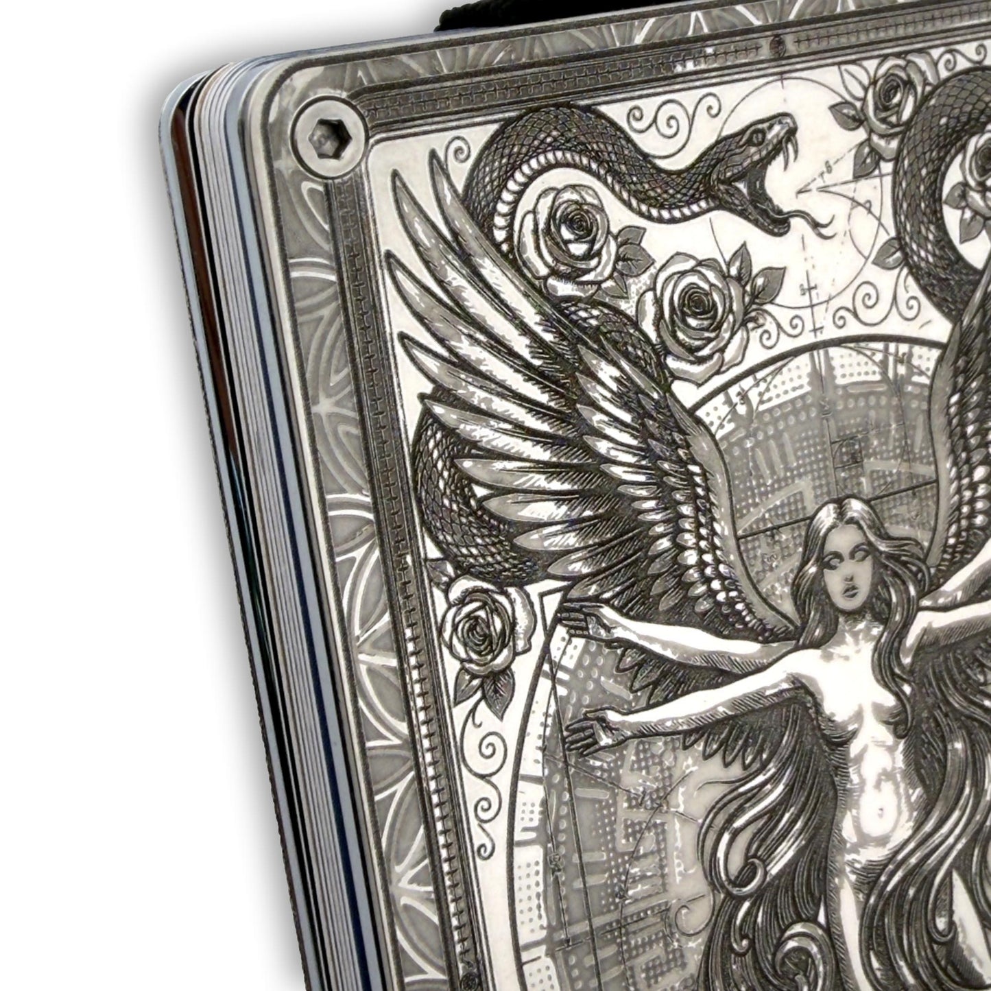 Moxxley MX-408 engraved credit card holder – tattoo design close-up detail (front)