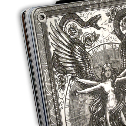 Moxxley MX-408 engraved credit card holder – tattoo design close-up detail (front)