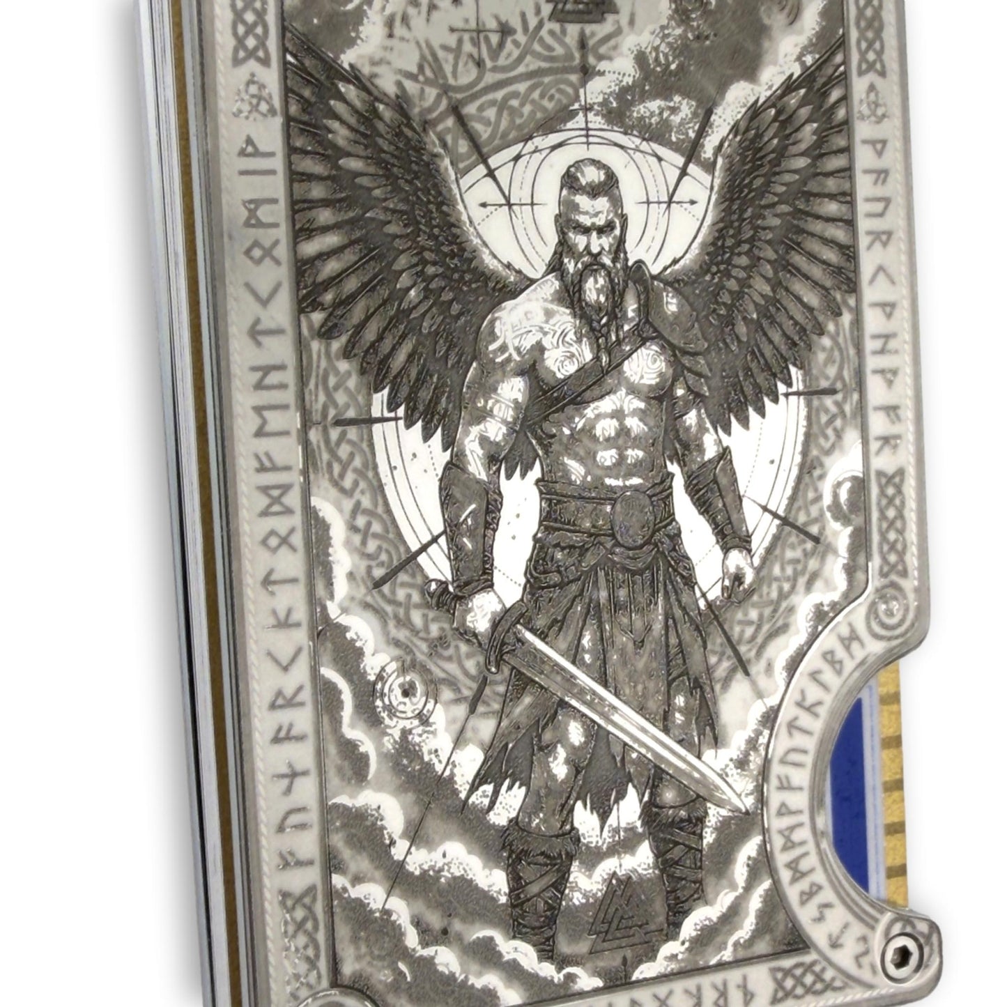 Moxxley MX-413 engraved credit card holder – tattoo design close-up detail (front)