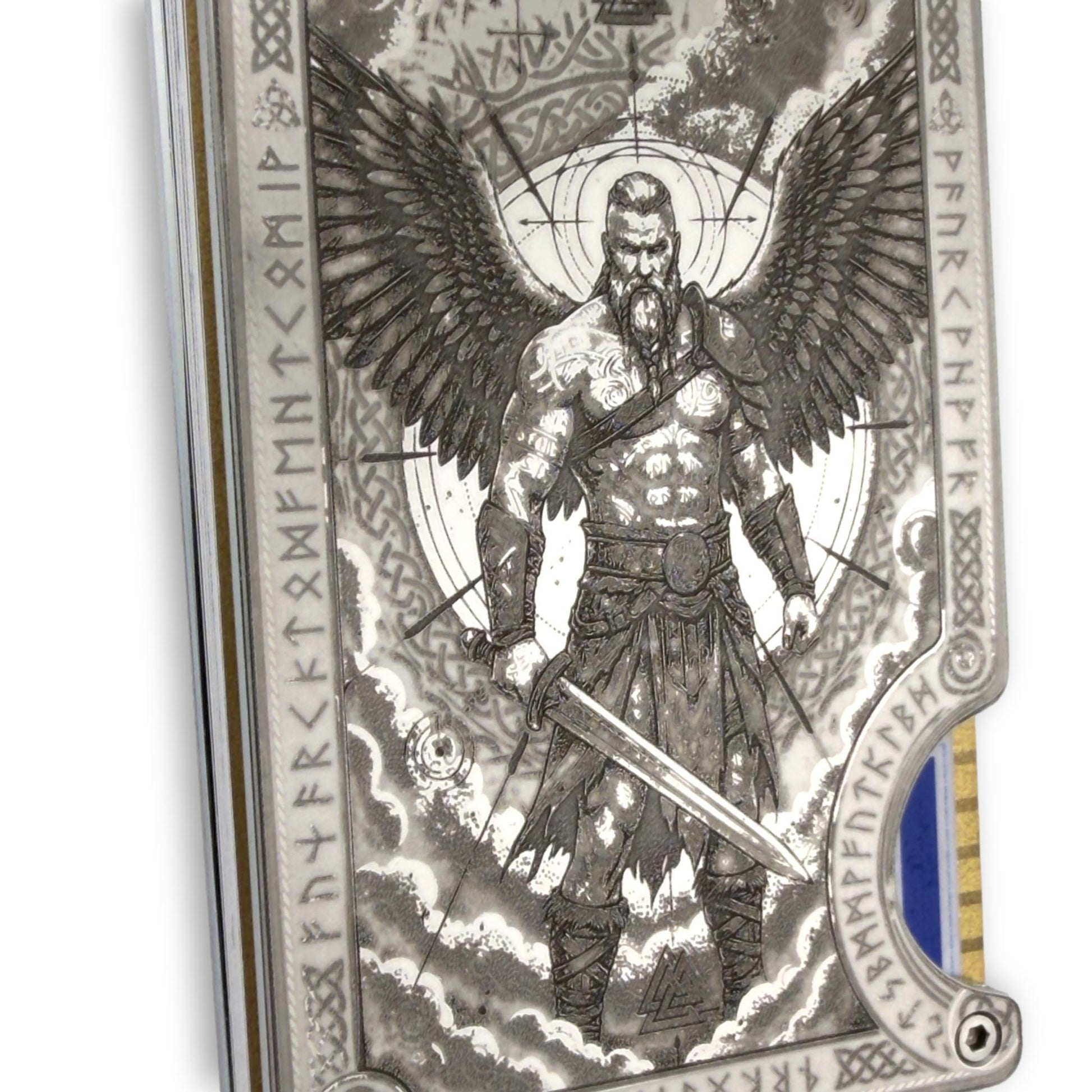 Moxxley MX-413 engraved credit card holder – tattoo design close-up detail (front)