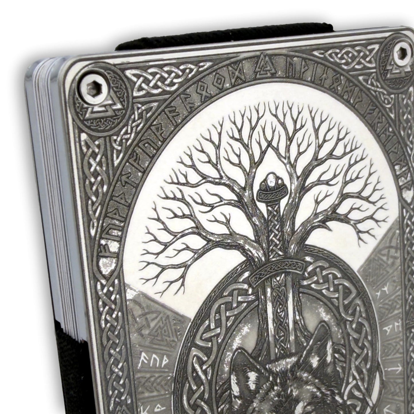 Moxxley MX-414 engraved credit card holder – tattoo design close-up detail (front)