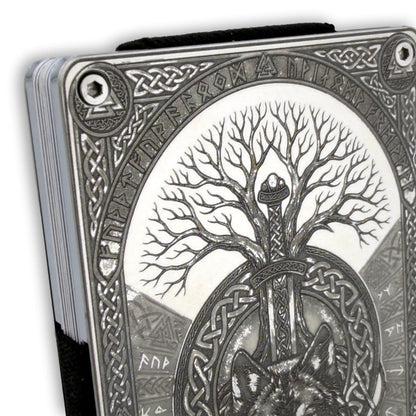 Moxxley MX-414 engraved credit card holder – tattoo design close-up detail (front)