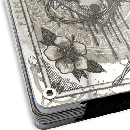 Moxxley MX-406 engraved credit card holder – tattoo design close-up detail (front)
