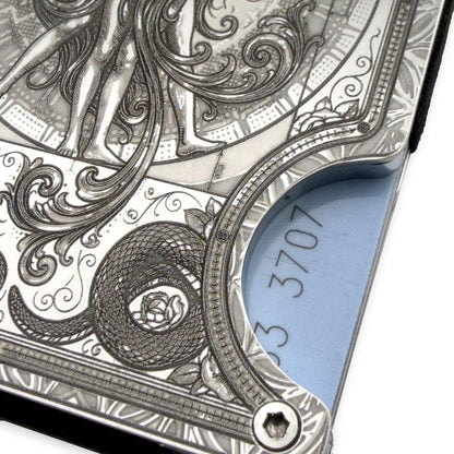 Moxxley MX-408 engraved credit card holder – tattoo design close-up detail (front)