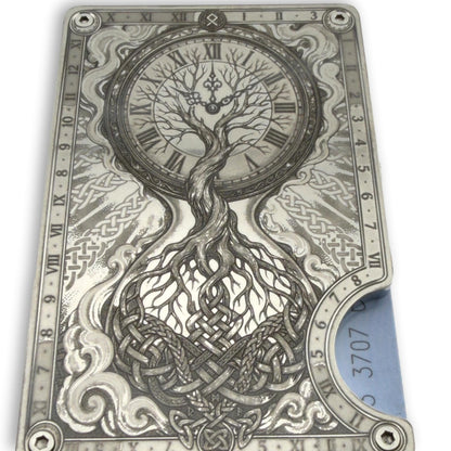 Moxxley MX-414 engraved credit card holder – tattoo design close-up detail (front)