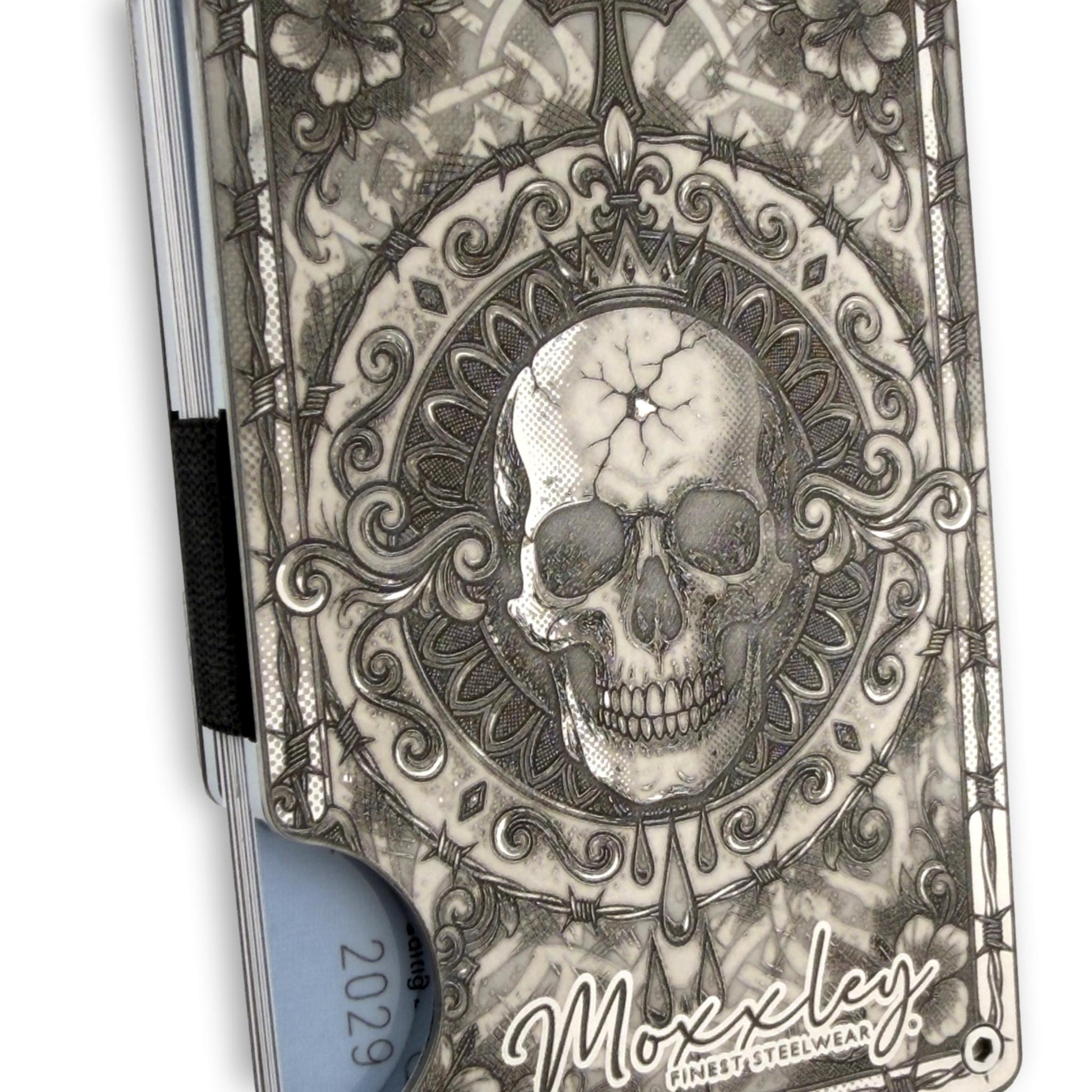 Moxxley MX-406 stainless steel card holder – engraving close-up detail (back)