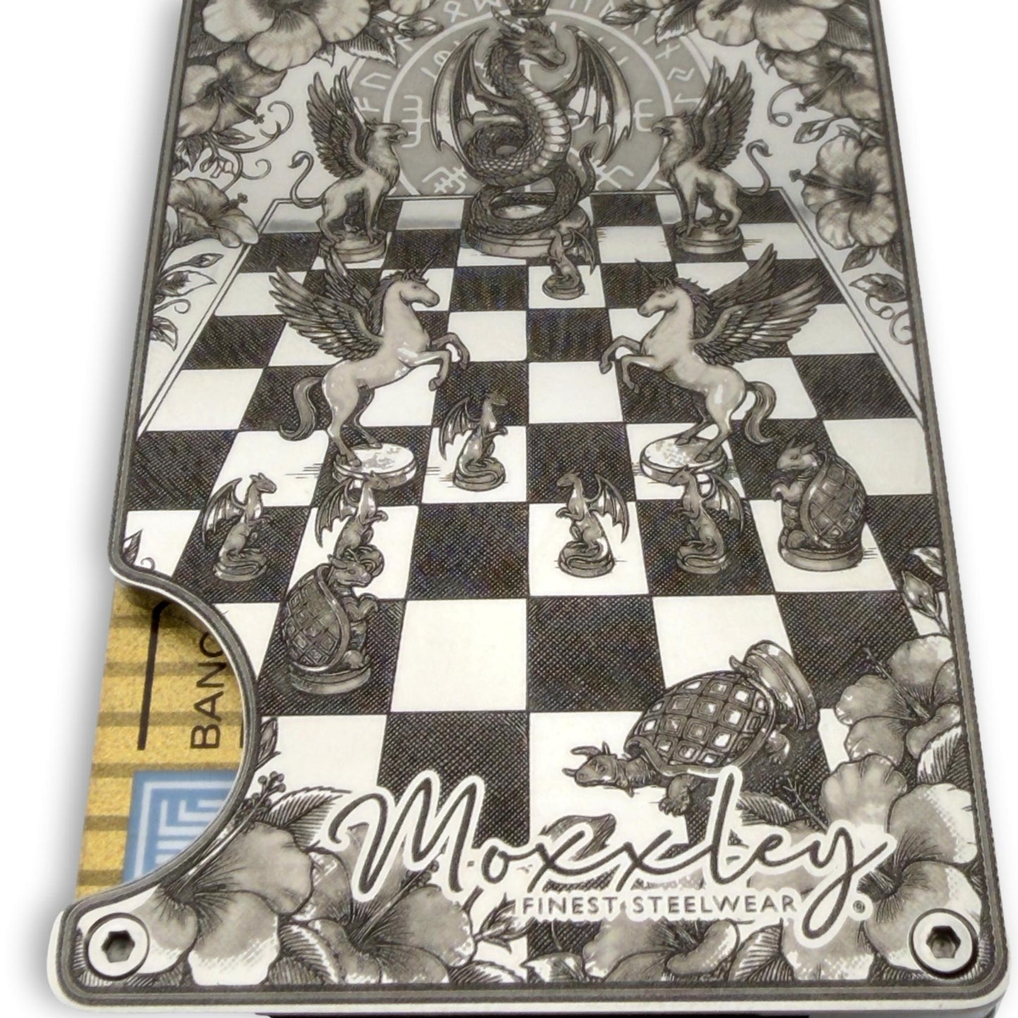 Moxxley MX-407 stainless steel card holder – engraving close-up detail (back)