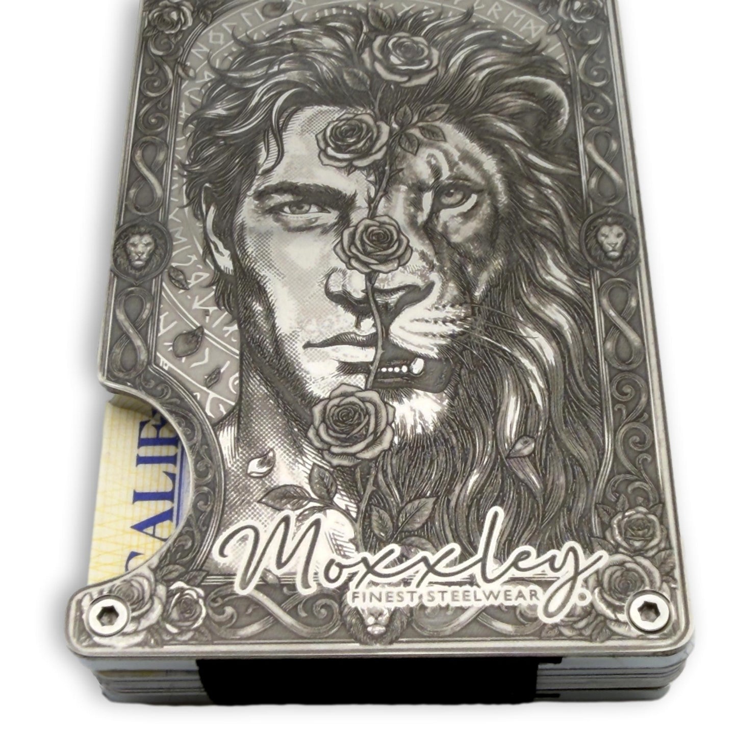 Moxxley MX-402 engraved credit card holder – tattoo design close-up detail (front)