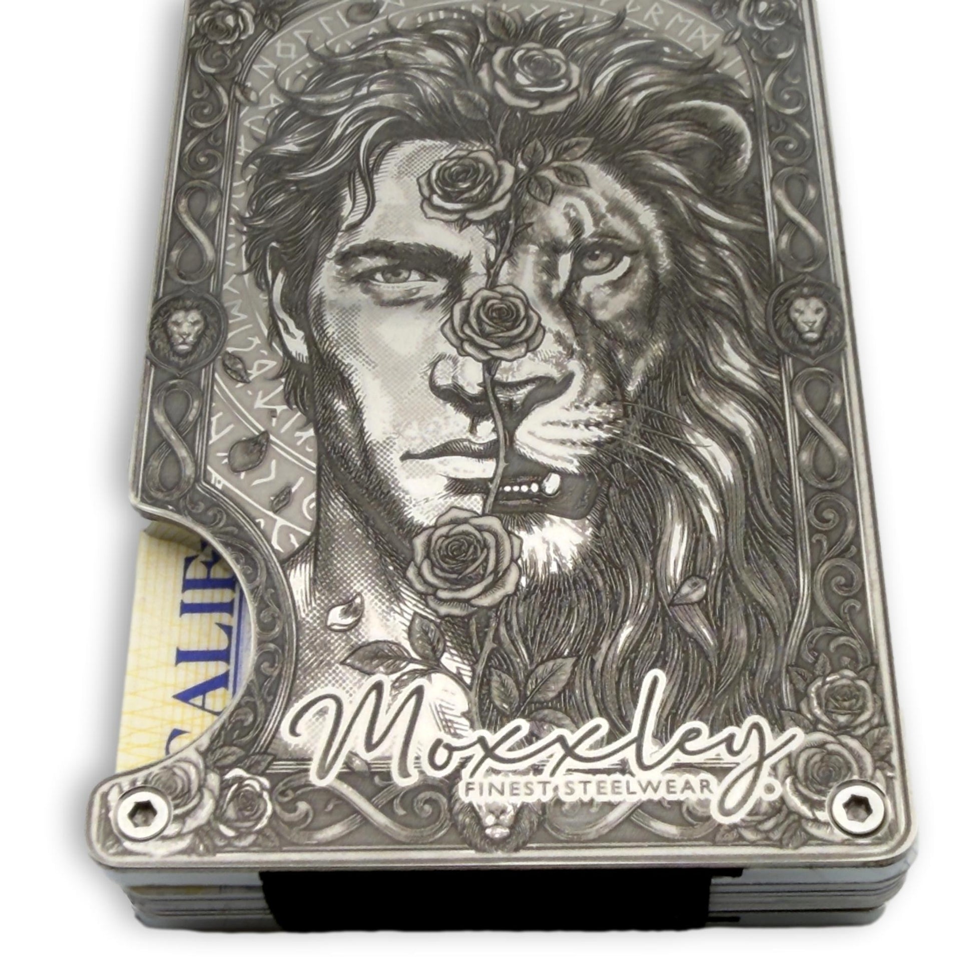 Moxxley MX-402 engraved credit card holder – tattoo design close-up detail (front)