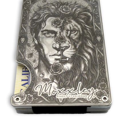 Moxxley MX-402 engraved credit card holder – tattoo design close-up detail (front)