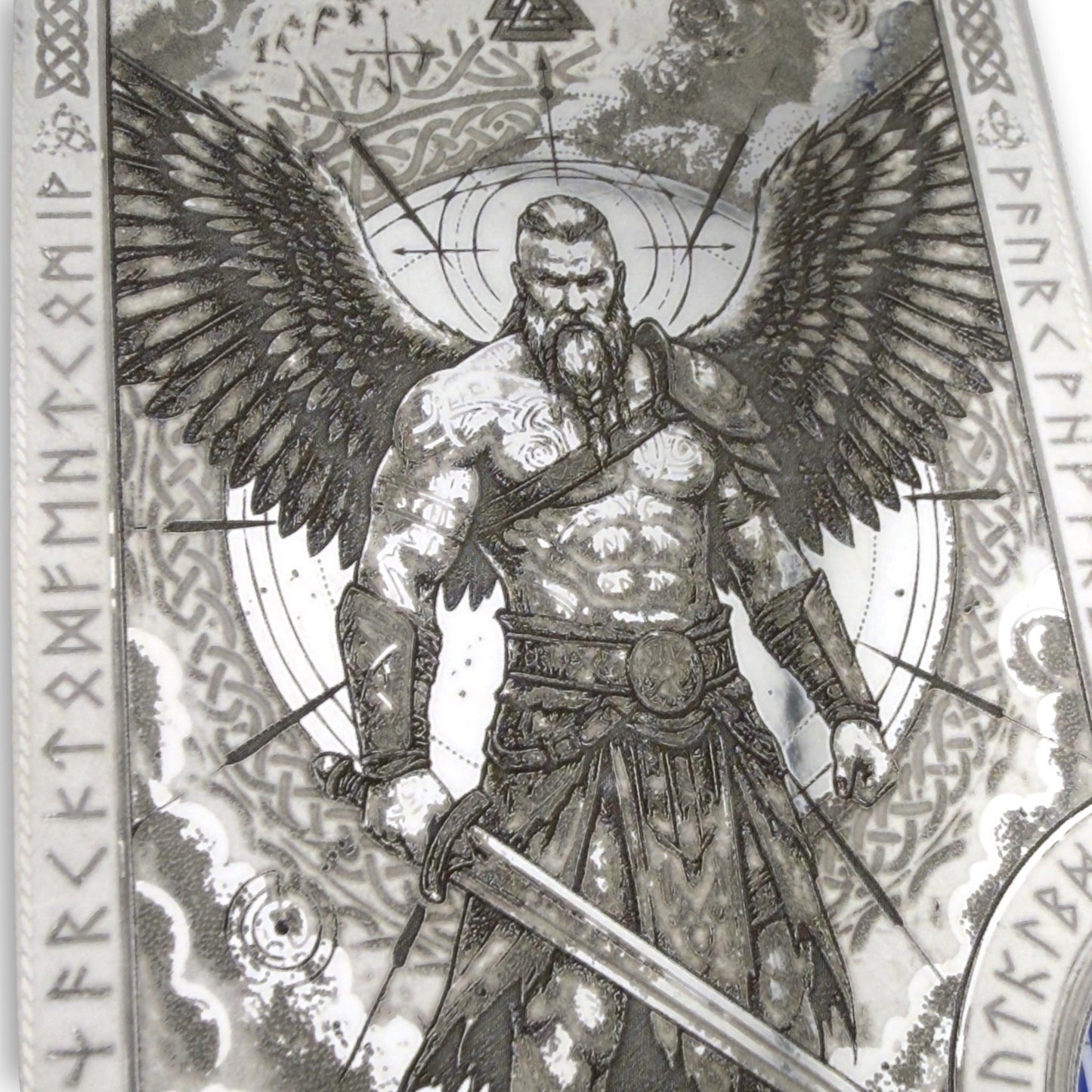 Moxxley MX-413 engraved credit card holder – tattoo design close-up detail (front)
