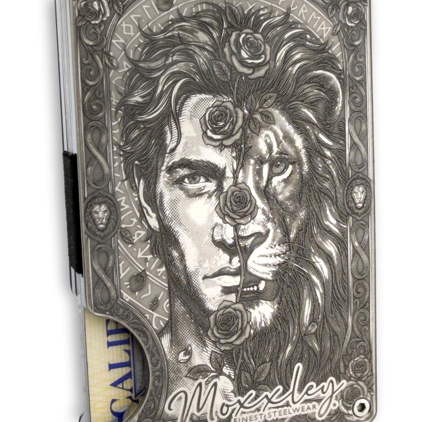 Moxxley MX-402 stainless steel card holder – engraving close-up detail (back)
