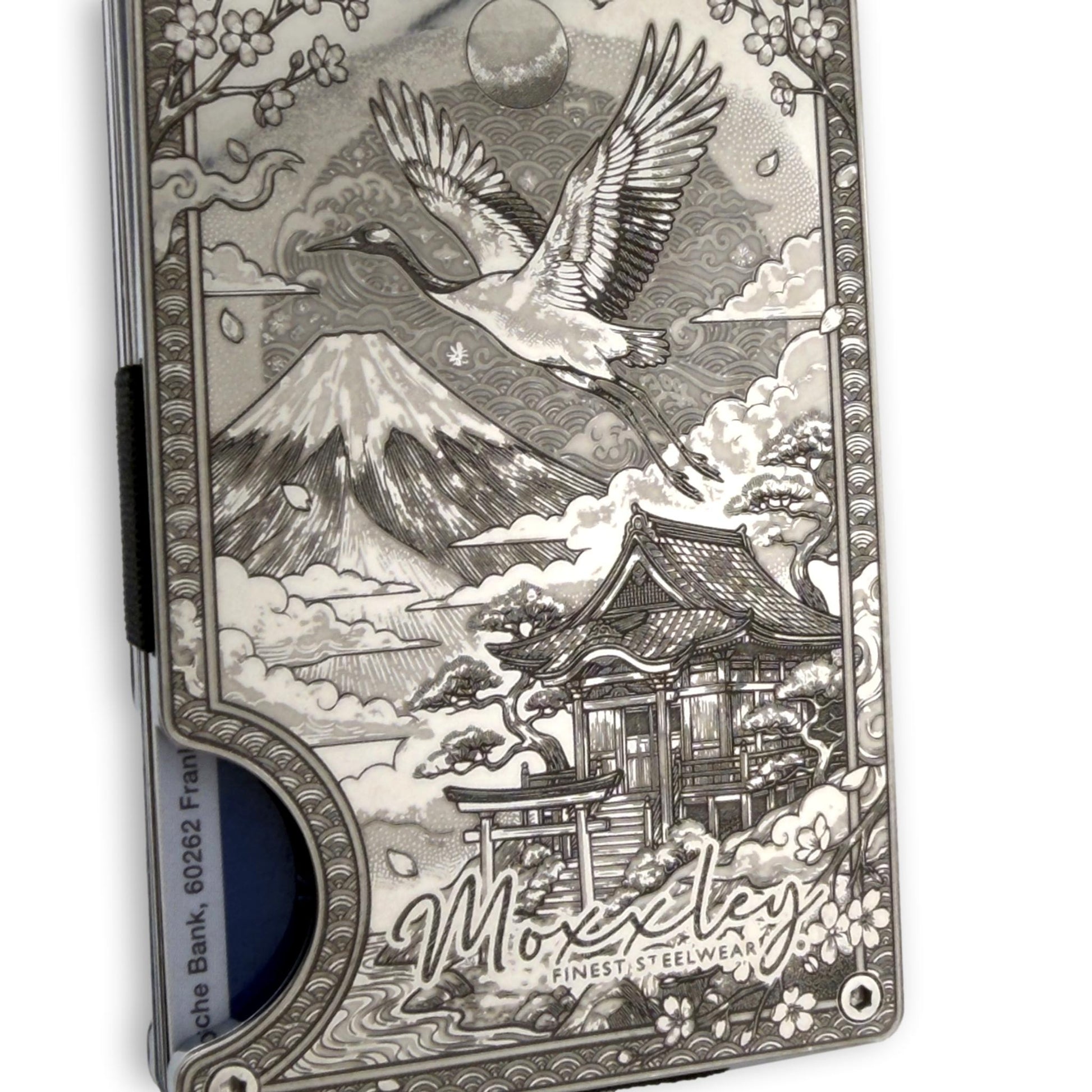 Moxxley MX-412 stainless steel card holder – engraving close-up detail (back)