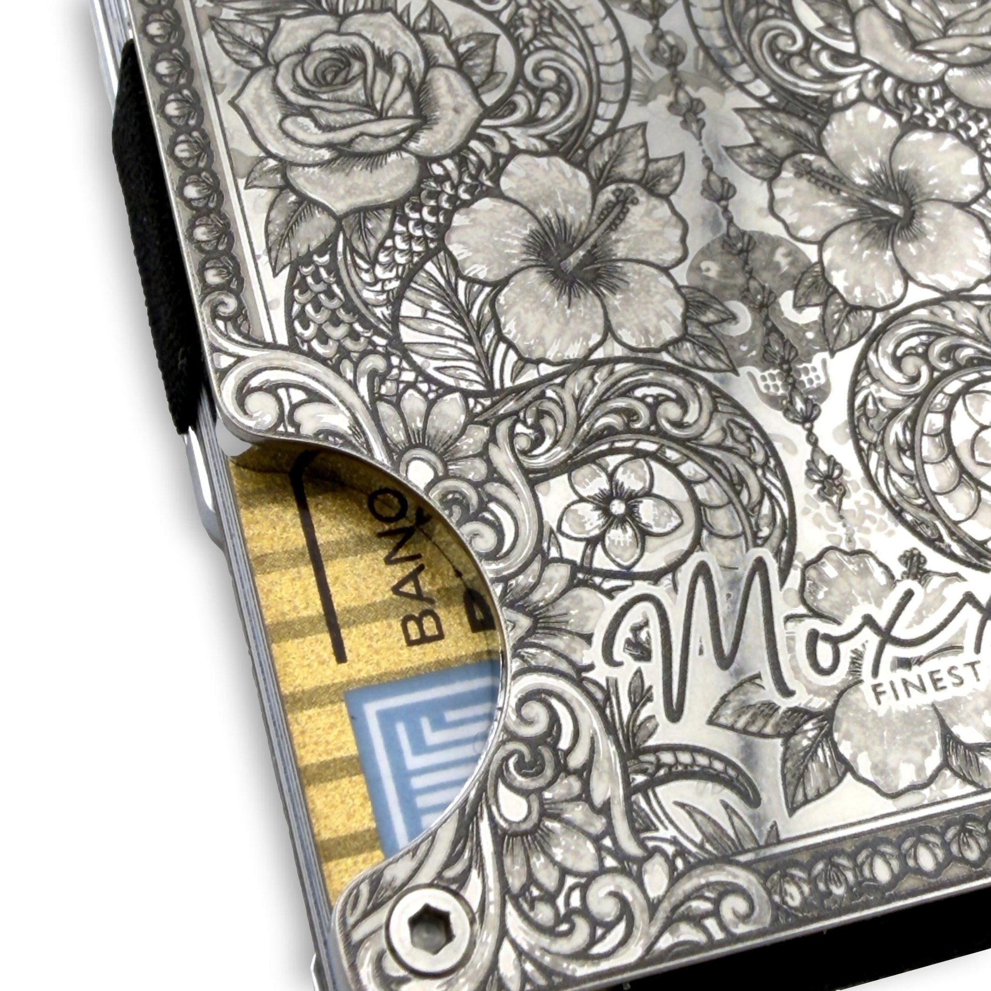 Moxxley MX-405 stainless steel card holder – engraving close-up detail (back)