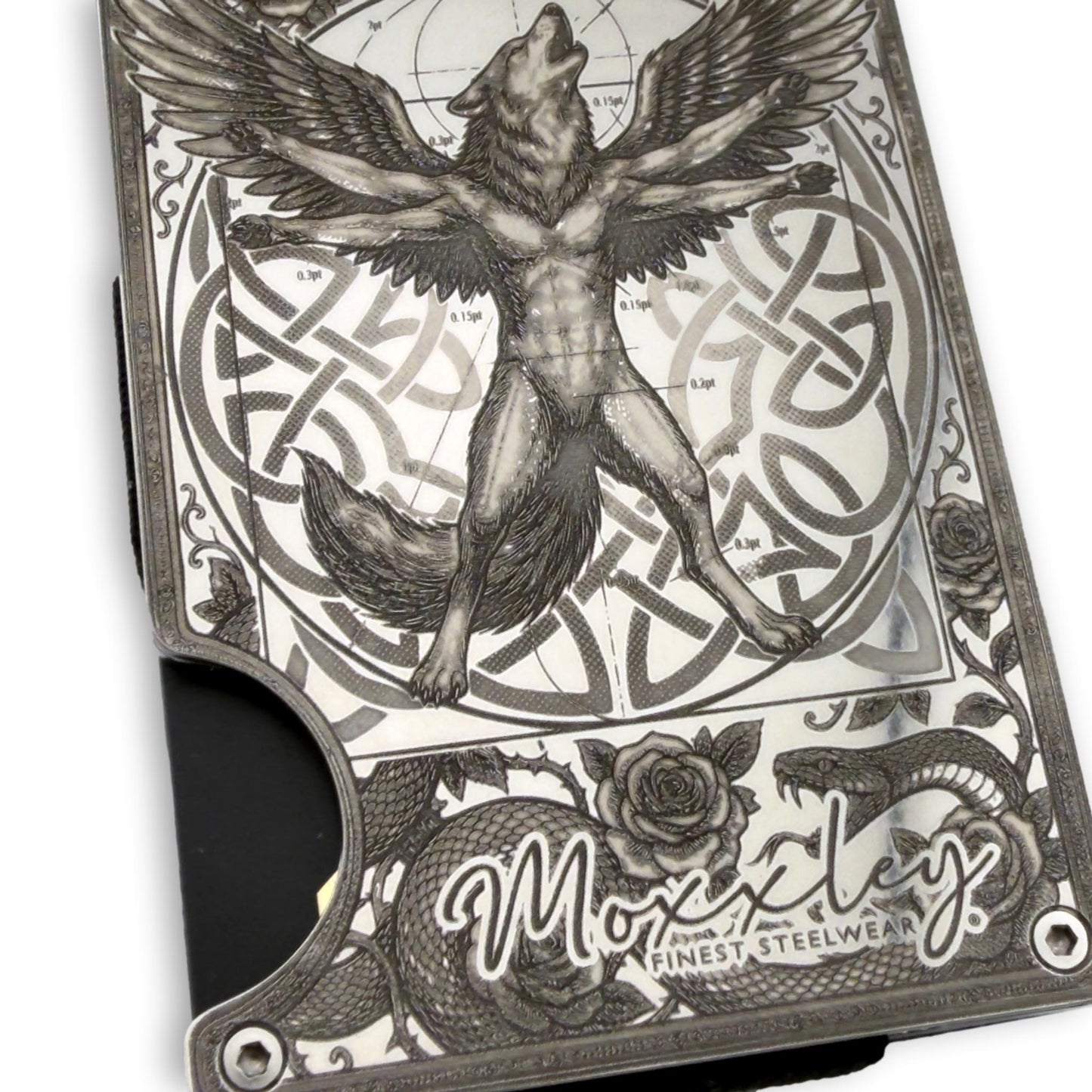 Moxxley MX-408 stainless steel card holder – engraving close-up detail (back)