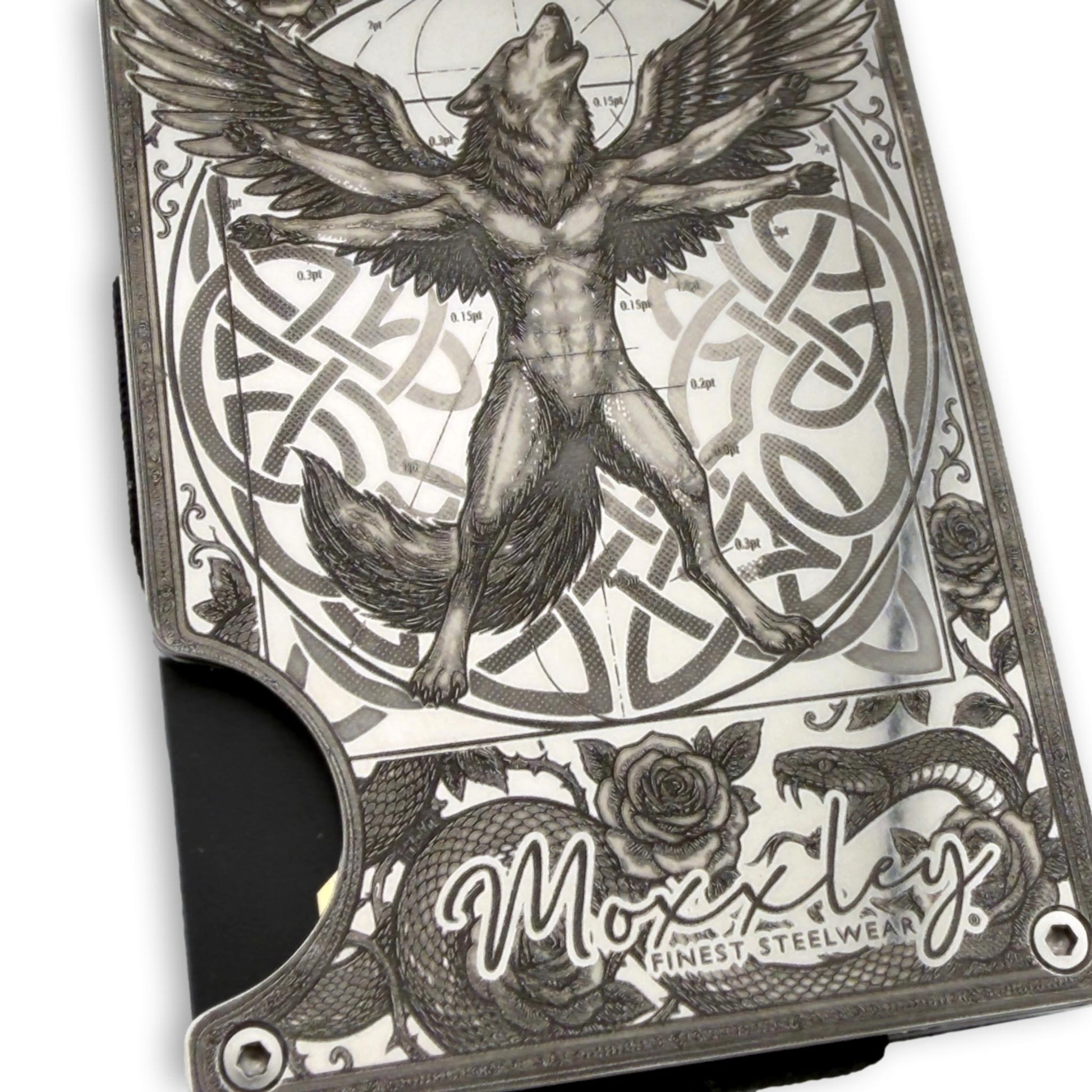 Moxxley MX-408 stainless steel card holder – engraving close-up detail (back)