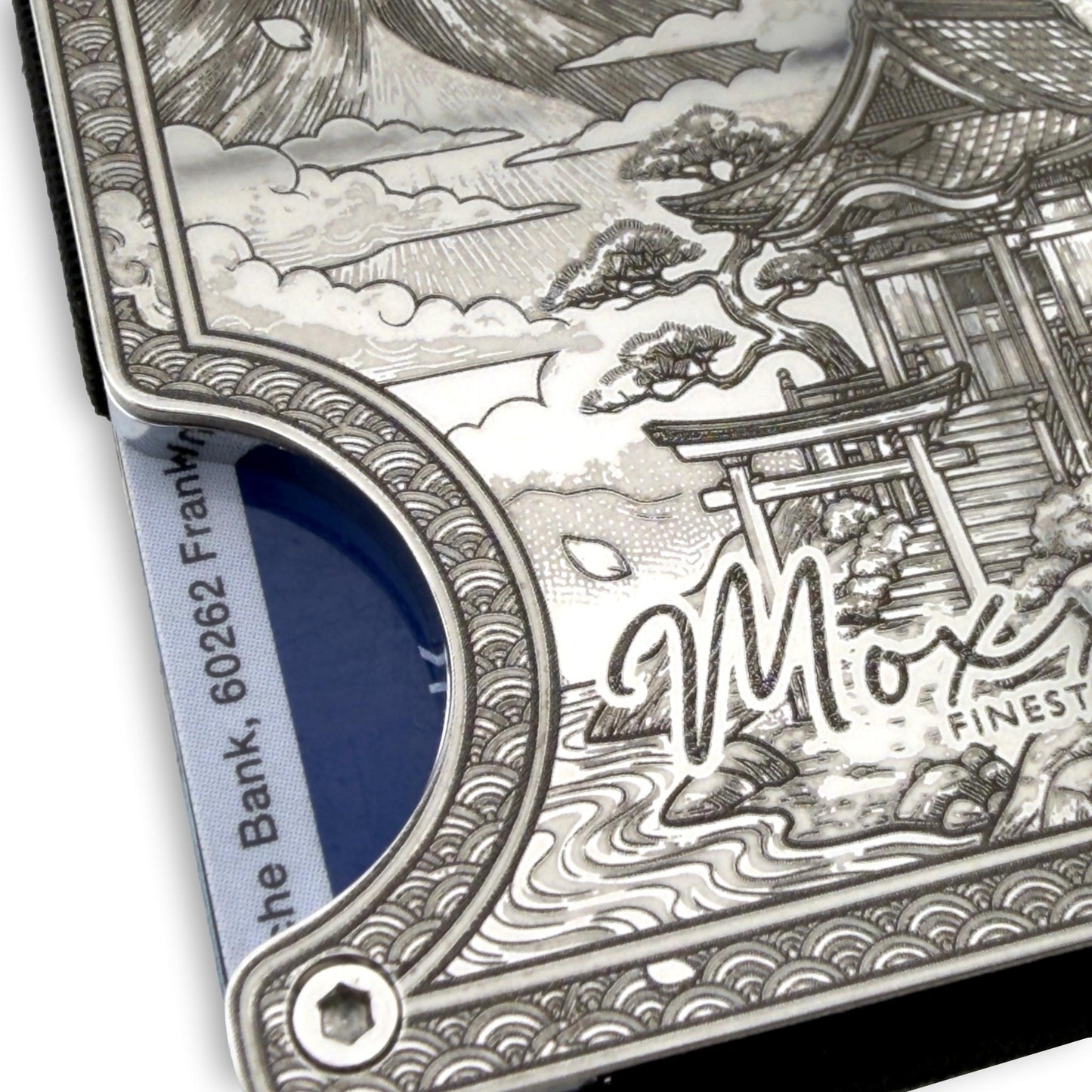 Moxxley MX-412 stainless steel card holder – engraving close-up detail (back)
