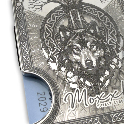 Moxxley MX-414 stainless steel card holder – engraving close-up detail (back)