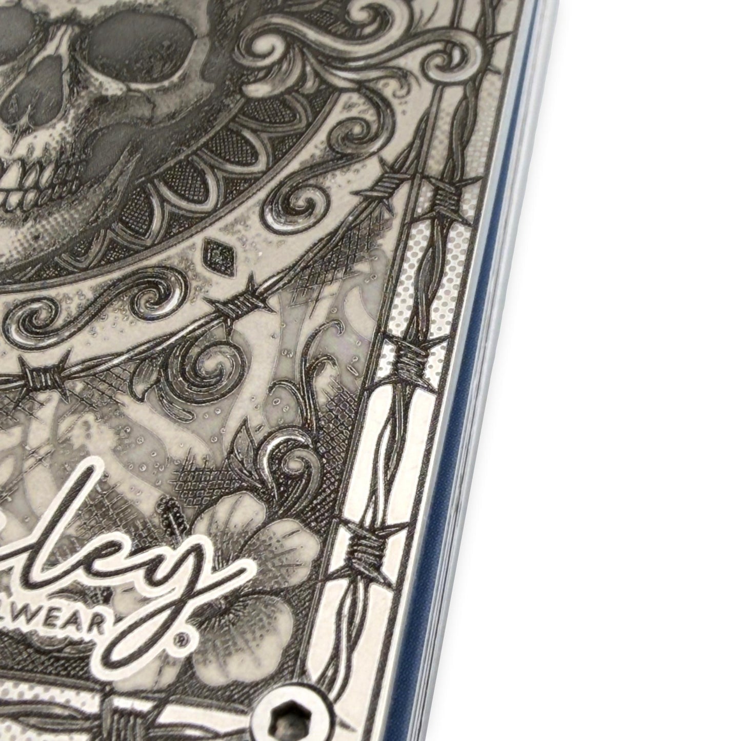 Moxxley MX-406 stainless steel card holder – engraving close-up detail (back)
