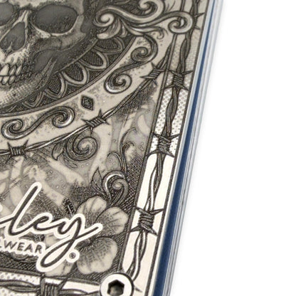 Moxxley MX-406 stainless steel card holder – engraving close-up detail (back)