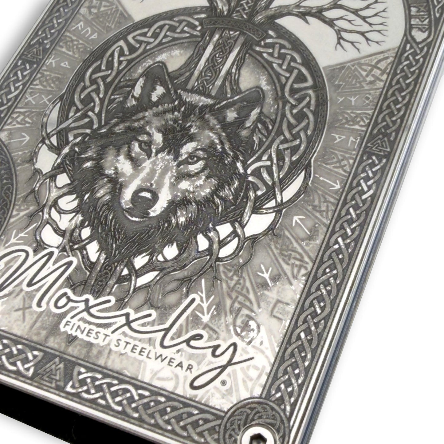 Moxxley MX-414 stainless steel card holder – engraving close-up detail (back)