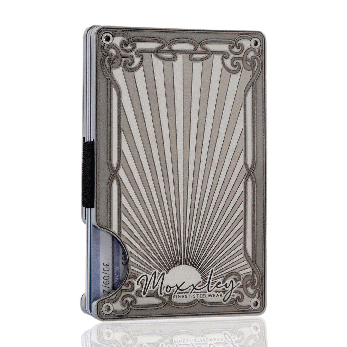 Moxxley MX-337 metal credit card holder – slim stainless steel wallet with money clip, playing-card design