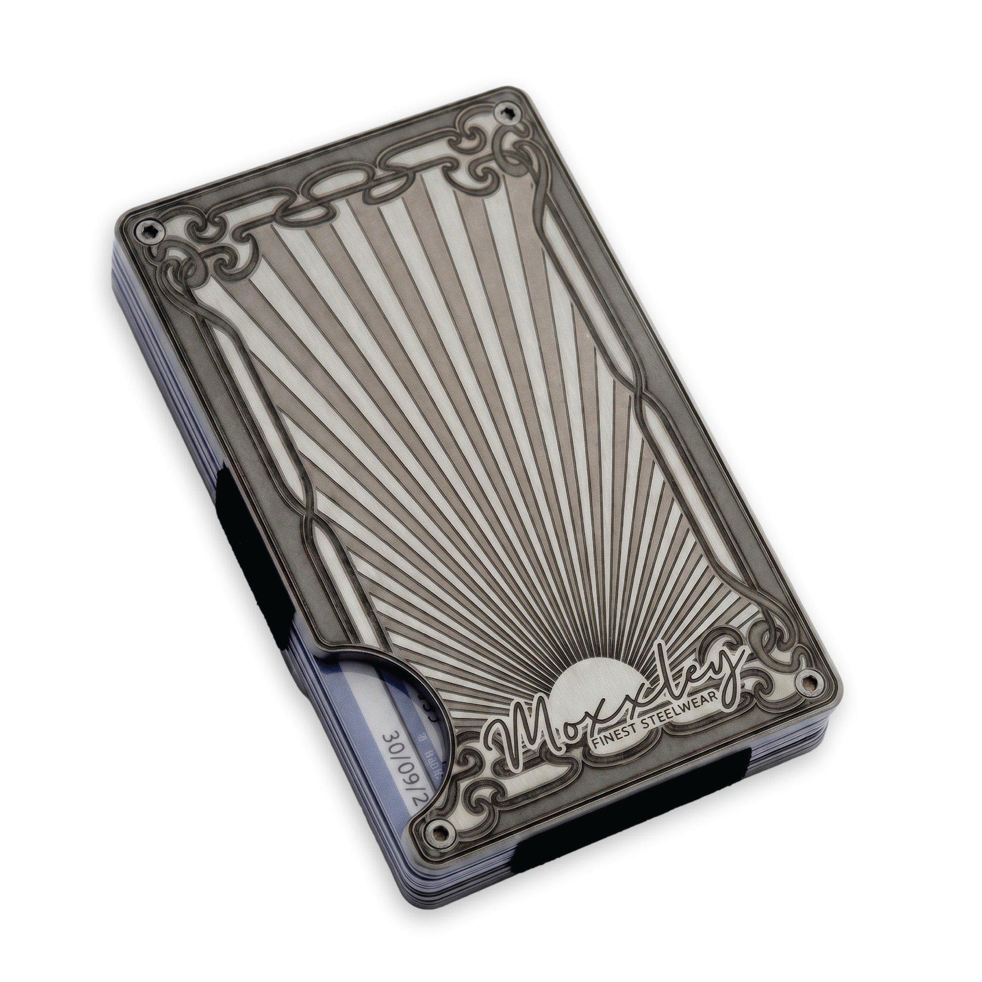 Moxxley MX-337 metal credit card holder – slim stainless steel wallet with money clip, playing-card design