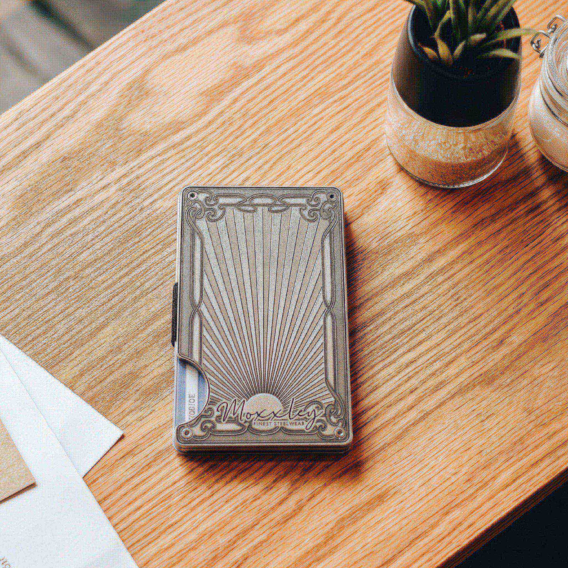 Moxxley MX-337 metal credit card holder – slim stainless steel wallet with money clip, playing-card design