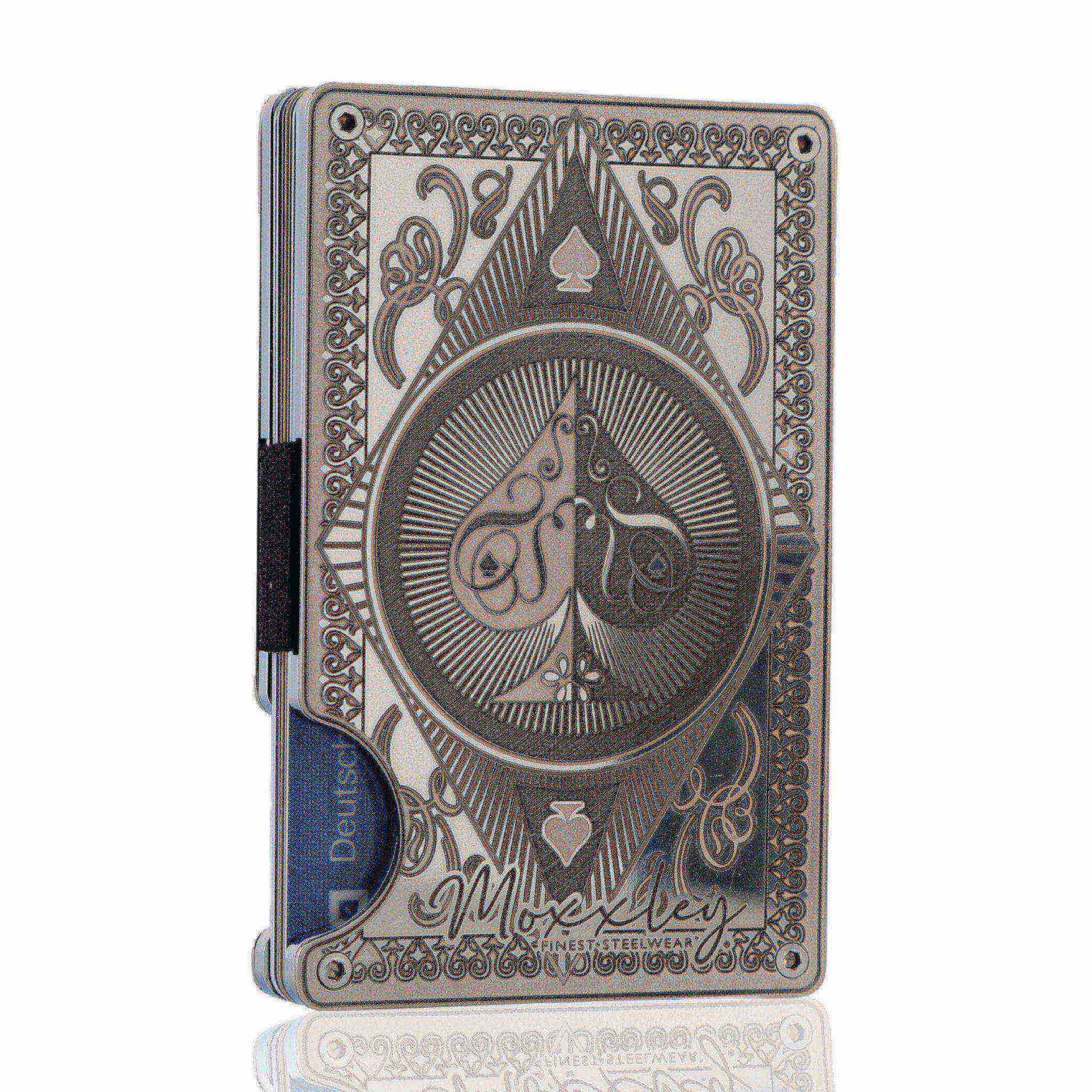 Moxxley MX-338 metal credit card holder – slim stainless steel wallet with money clip, playing-card design