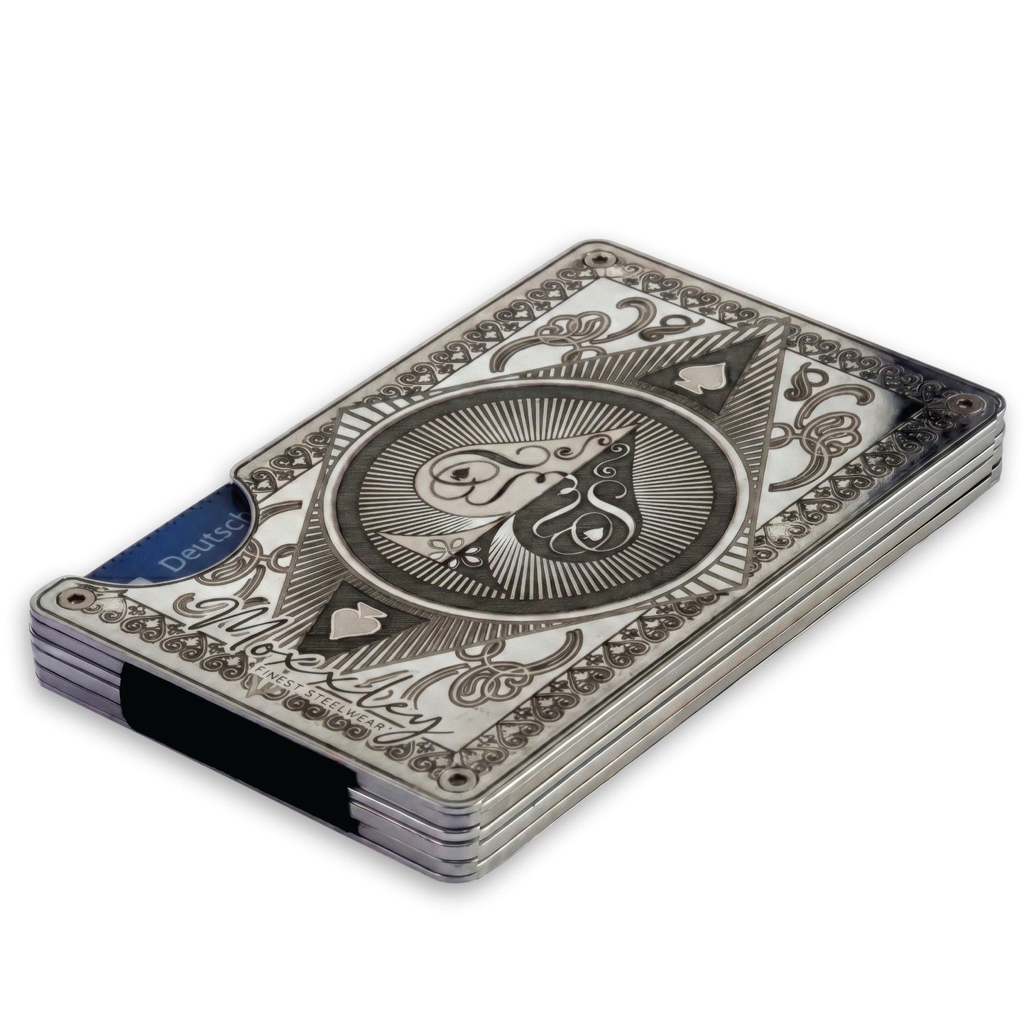 Moxxley MX-338 metal credit card holder – slim stainless steel wallet with money clip, playing-card design