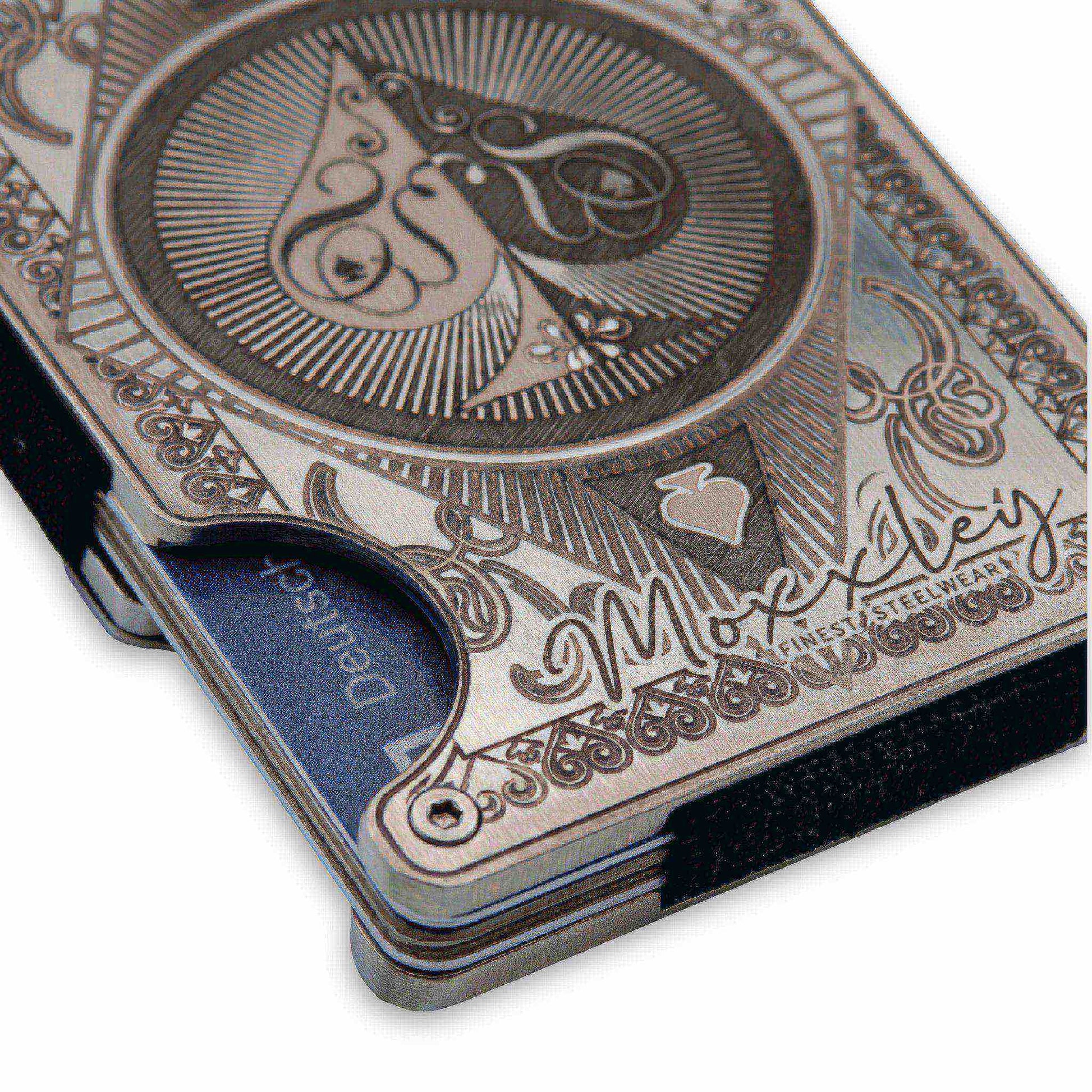 Moxxley MX-338 metal credit card holder – slim stainless steel wallet with money clip, playing-card design