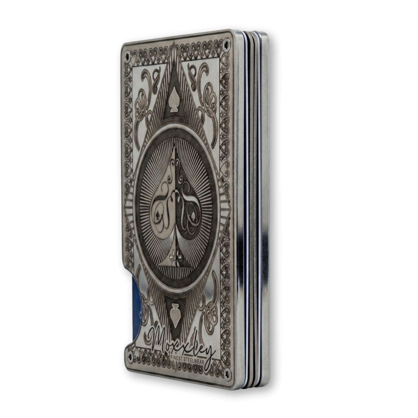 Moxxley MX-338 metal credit card holder – slim stainless steel wallet with money clip, playing-card design