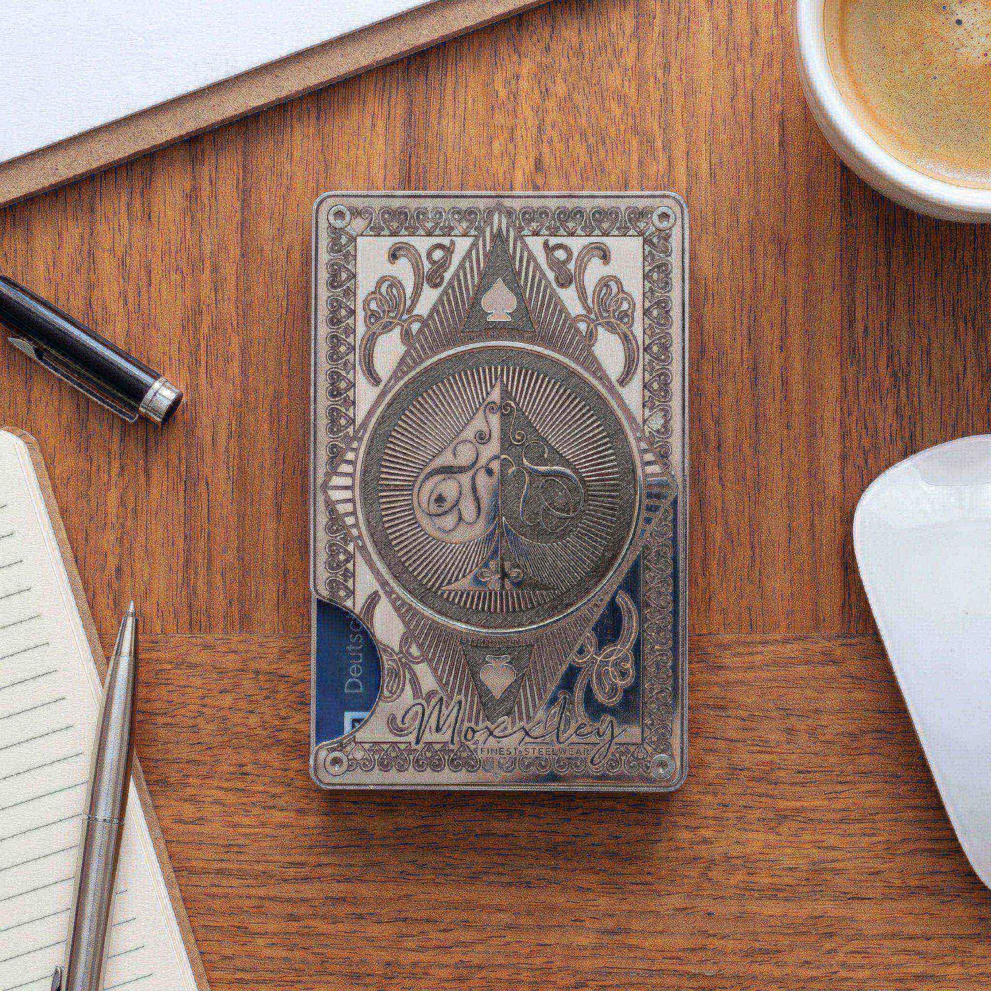 Moxxley MX-338 metal credit card holder – slim stainless steel wallet with money clip, playing-card design