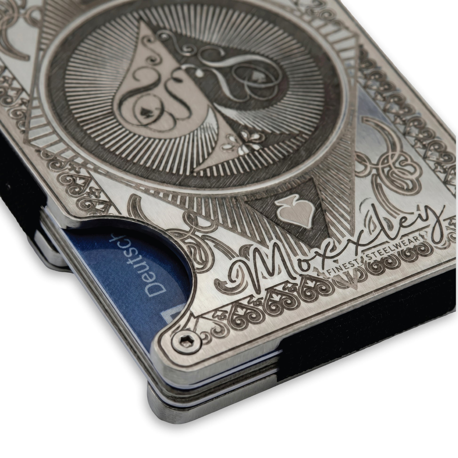 Moxxley MX-338 metal credit card holder – slim stainless steel wallet, playing-card design