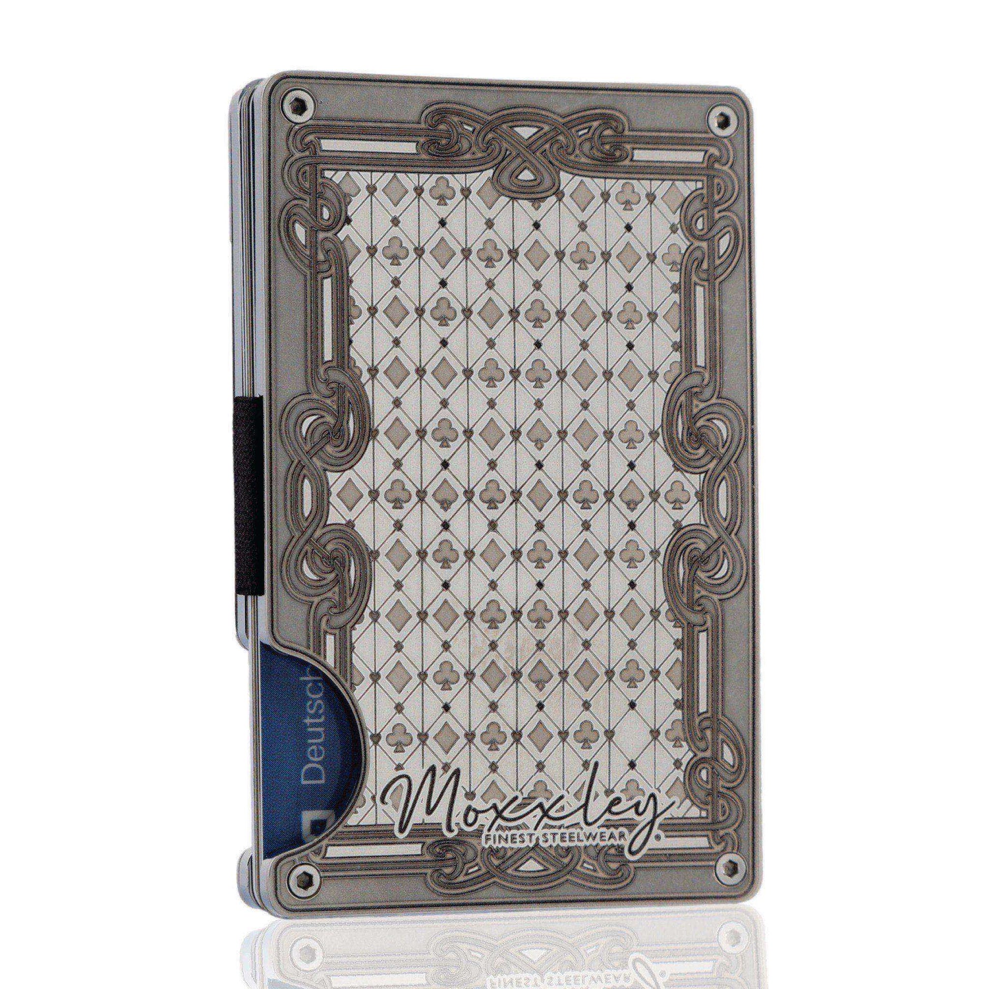 Moxxley MX-339 metal credit card holder – slim stainless steel wallet with money clip, playing-card design