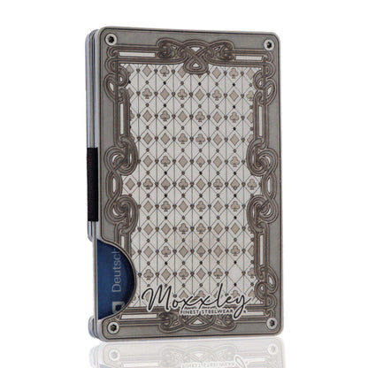 Moxxley MX-339 metal credit card holder – slim stainless steel wallet with money clip, playing-card design
