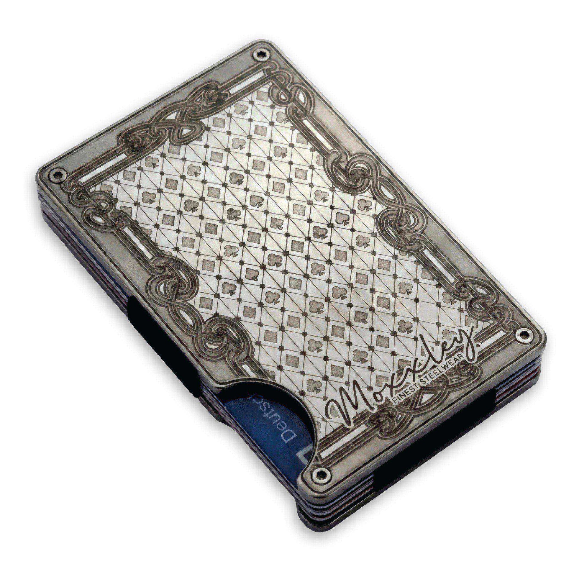 Moxxley MX-339 metal credit card holder – slim stainless steel wallet with money clip, playing-card design