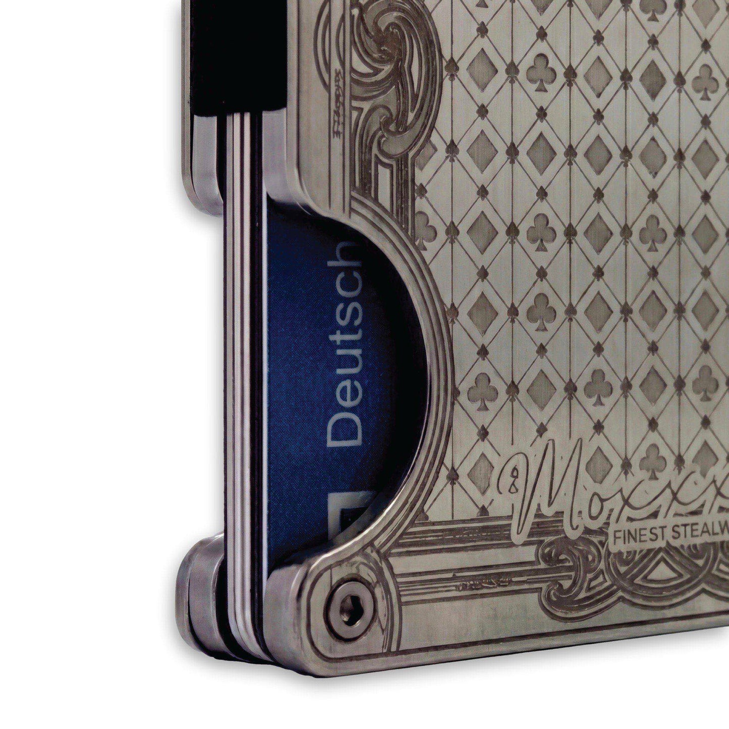Moxxley MX-339 metal credit card holder – slim stainless steel wallet with money clip, playing-card design