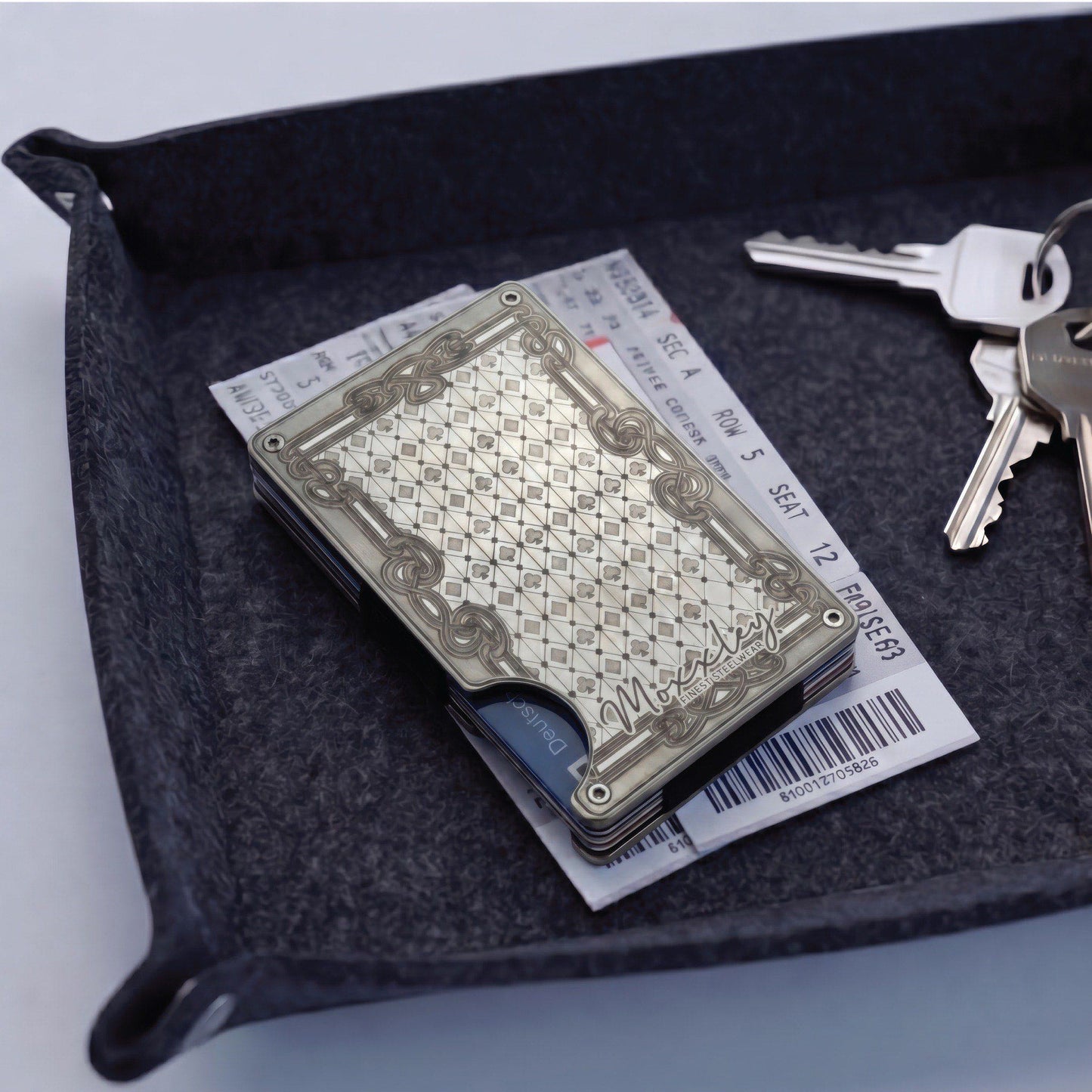 Moxxley MX-339 metal credit card holder – slim stainless steel wallet with money clip, playing-card design