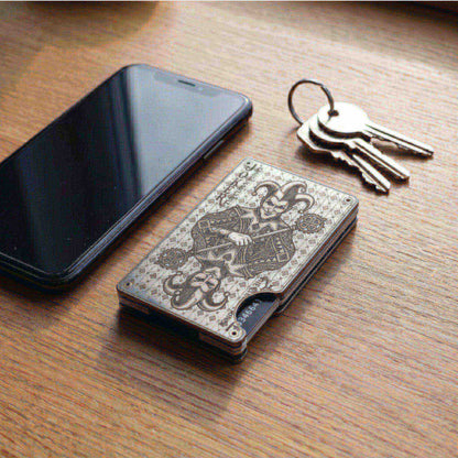 Moxxley MX-339 metal credit card holder – slim stainless steel wallet with money clip, playing-card design