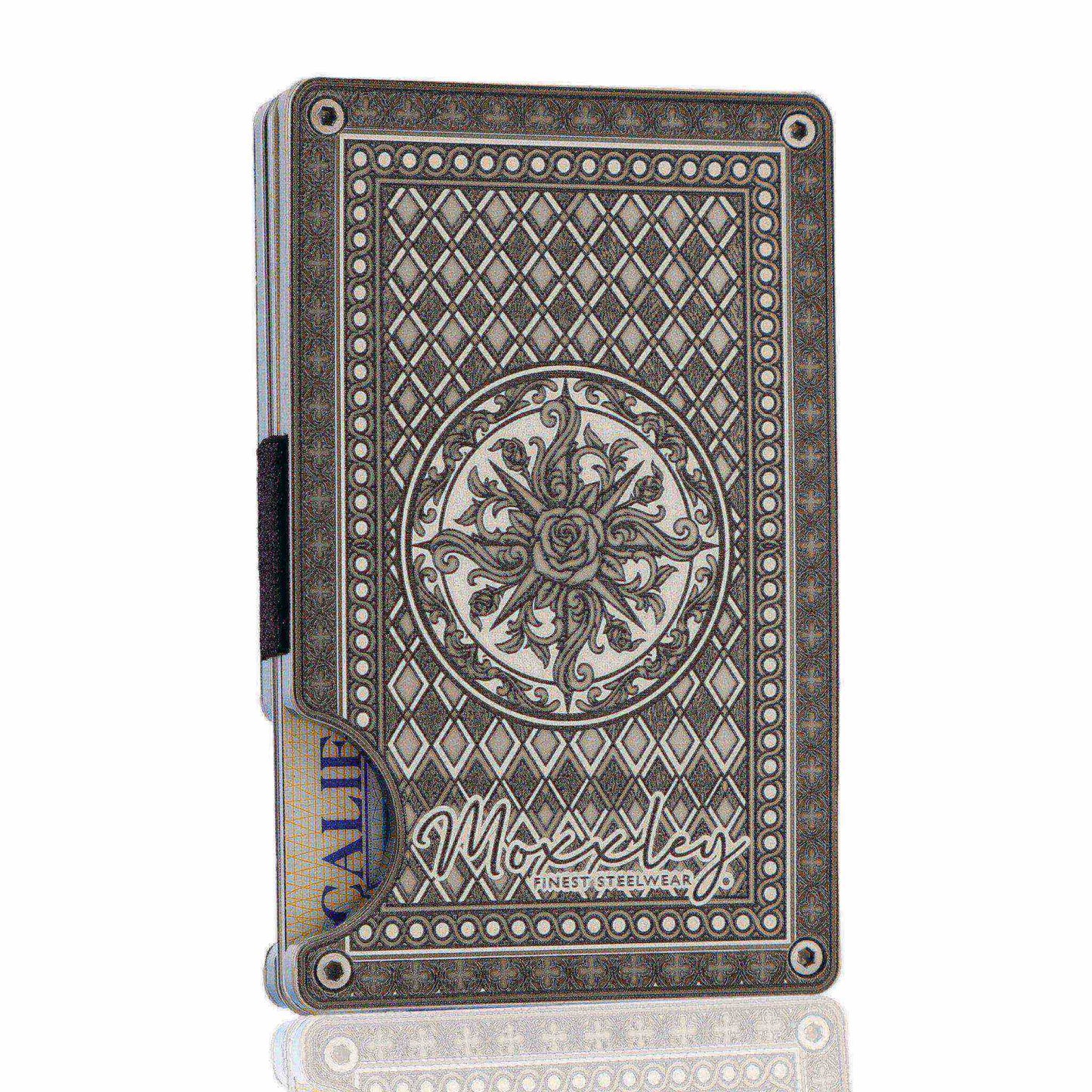 Moxxley MX-340 metal credit card holder – slim stainless steel wallet with money clip, playing-card design
