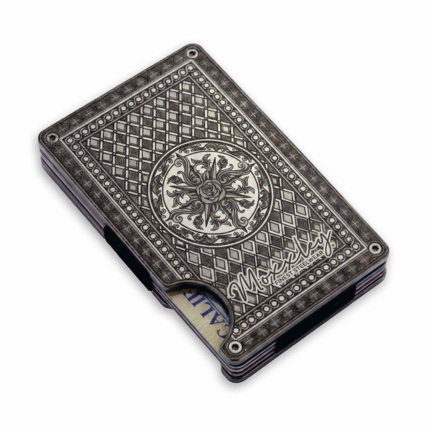 Moxxley MX-340 metal credit card holder – slim stainless steel wallet with money clip, playing-card design