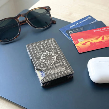 Moxxley MX-340 metal credit card holder – slim stainless steel wallet with money clip, playing-card design