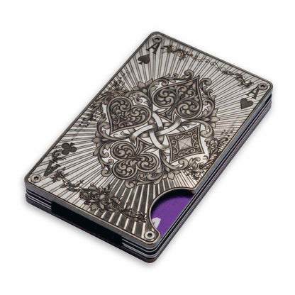 Moxxley MX-340 metal credit card holder – slim stainless steel wallet with money clip, playing-card design
