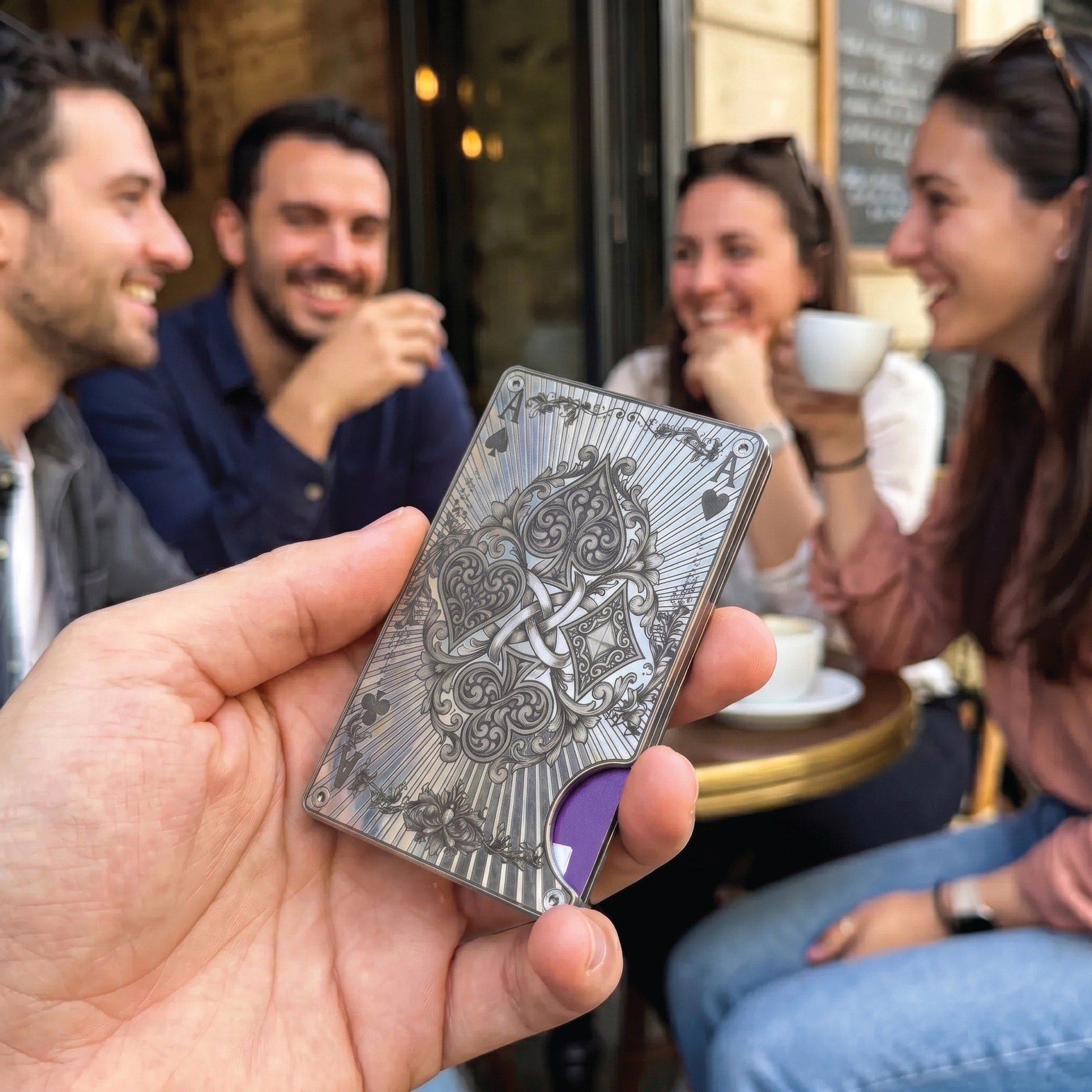 Moxxley MX-340 metal credit card holder – slim stainless steel wallet with money clip, playing-card design