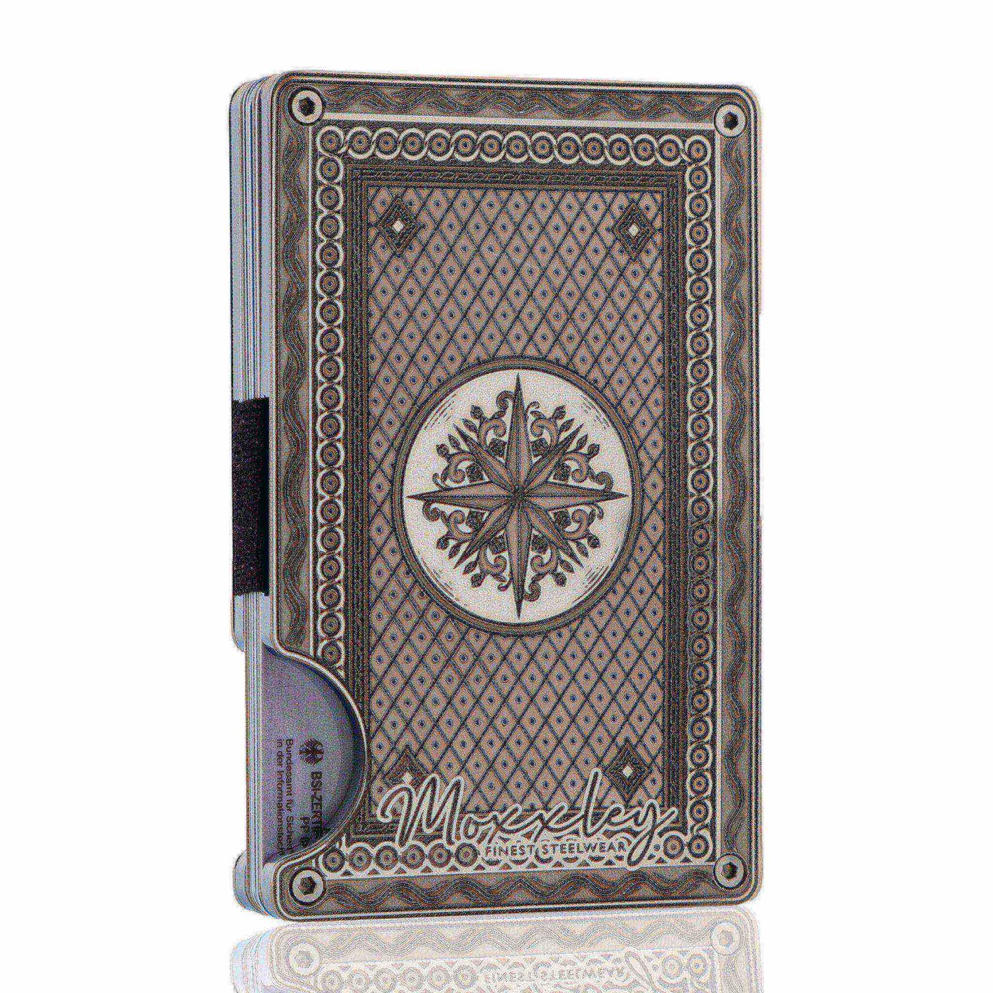 Moxxley MX-341 metal credit card holder – slim stainless steel wallet with money clip, playing-card design